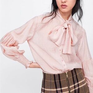 Zara Light Pink Tie Neck Blouse